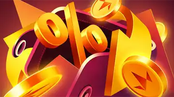 Изображение золотого символа процента в окружении золотых монет, символизирующее кэшбэк-бонус в Голд Онлайн-казино.